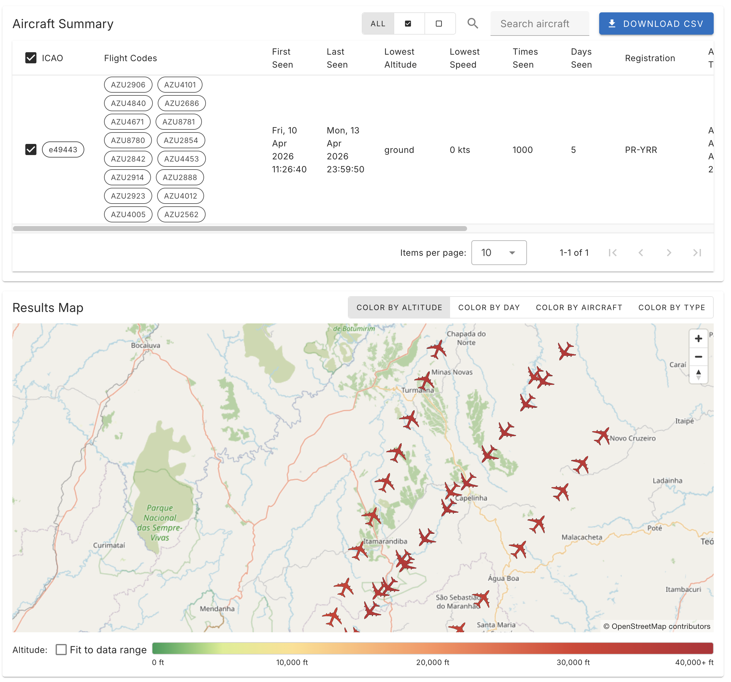 Aircraft positions on the map