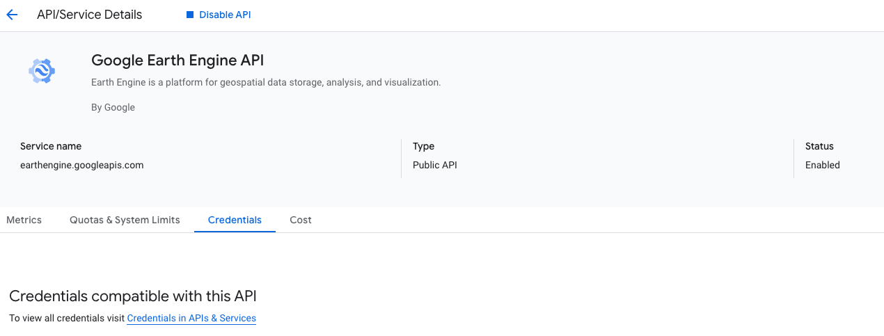 Google Earth Engine API page — Status: Enabled