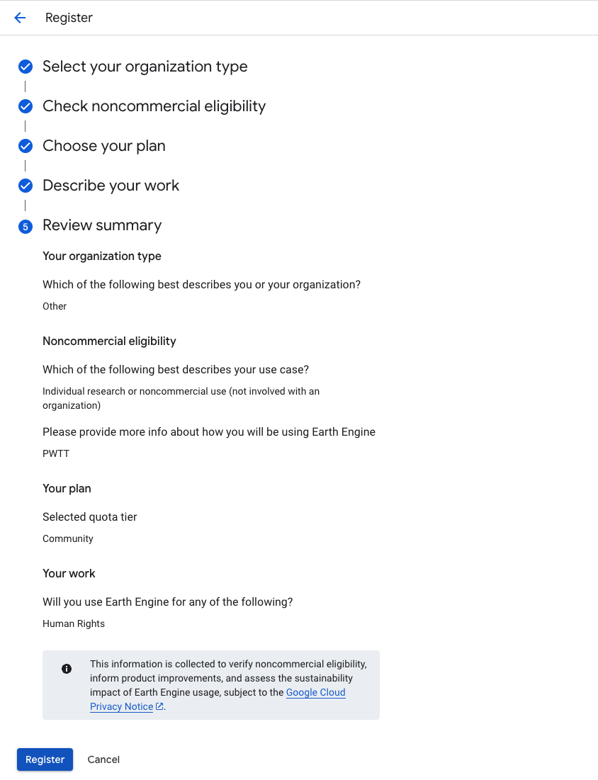 Google Earth Engine API registration page